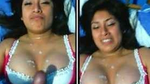 A sweet girlfriend gets her breasts covered in cum