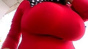 Selena Personage ties up her partner with a large stomach using ropes while showcasing her big breasts