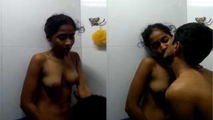 Desi babe enjoys standing sex while licking her pussy